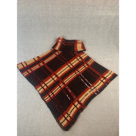 Chicos Poncho Sweater Cowl Neck Plaid Shine Camel Sequin Holiday Size S/M - Picture 2 of 9